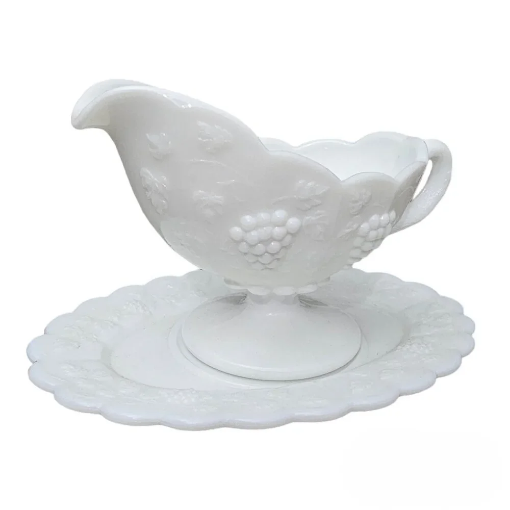 WESTMORELAND Paneled Grape Vintage Milk Glass Gravy Boat with Tray